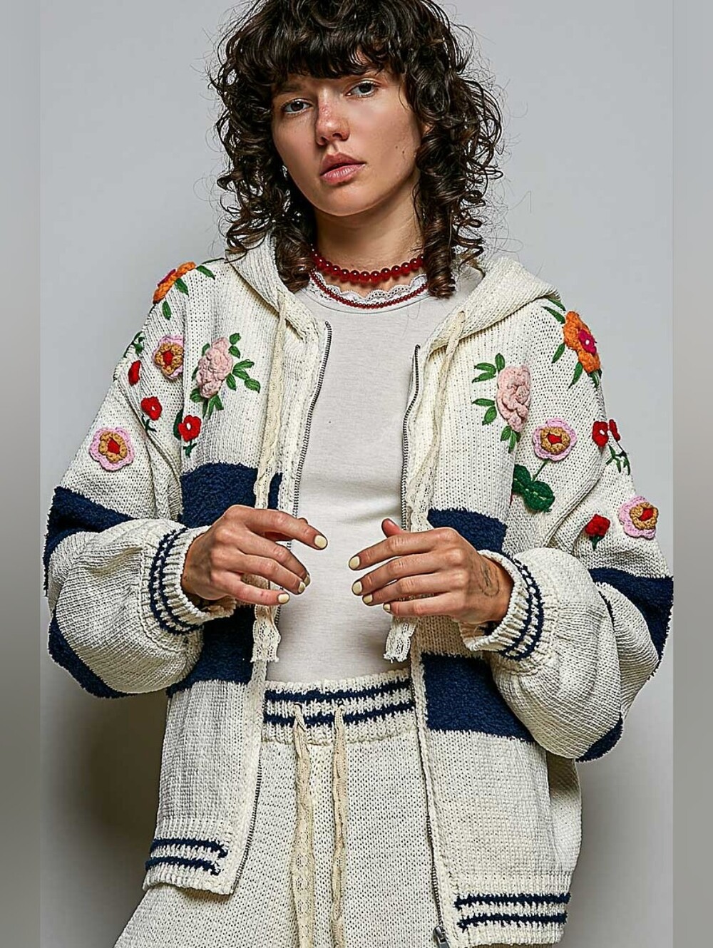 POL Chenille Navy Stripped 3D Embroidered Hoodie & Jogger Set - Picture 4 of 16